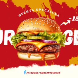 Grafika reklamowa burgera z napisem 'Oferta Specjalna -15%', z widocznymi warstwami: mięso, ser, sałata, og&oacute;rek, cebula, bułka z sezamem, na czerwono-ż&oacute;łtym tle z adresem i danymi kontaktowymi.