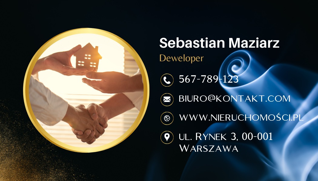 Wizytówka dewelopera Sebastian Maziarz z motywem uścisku dłoni i przekazania modelu domu w złotym okręgu.