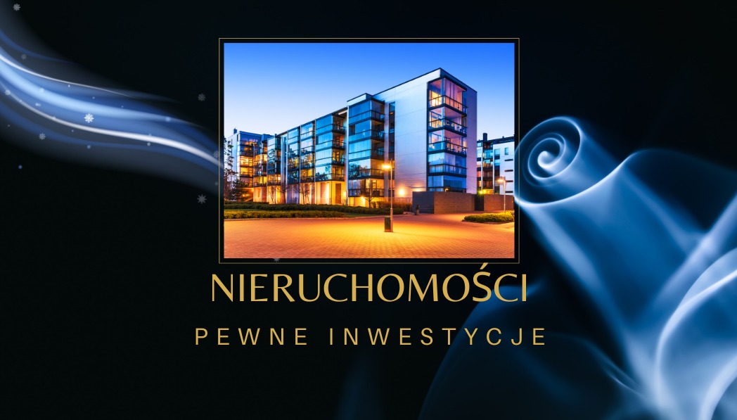 Grafika reklamowa z nowoczesnym budynkiem mieszkalnym oświetlonym nocą, na ciemnym tle z abstrakcyjnymi, błękitnymi wzorami i napisem 'Nieruchomości Pewne Inwestycje'.