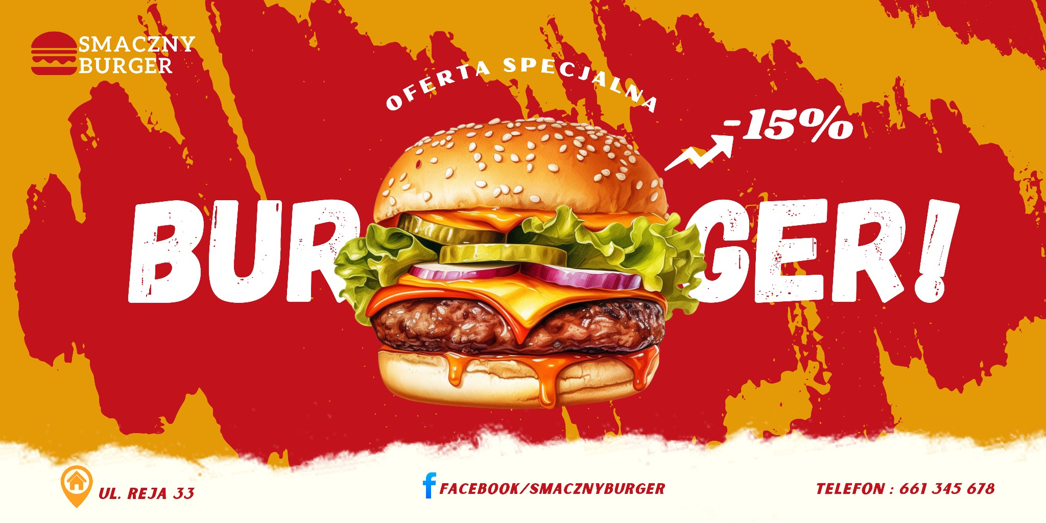Grafika reklamowa burgera z napisem 'Oferta Specjalna -15%', z widocznymi warstwami: mięso, ser, sałata, ogórek, cebula, bułka z sezamem, na czerwono-żółtym tle z adresem i danymi kontaktowymi.
