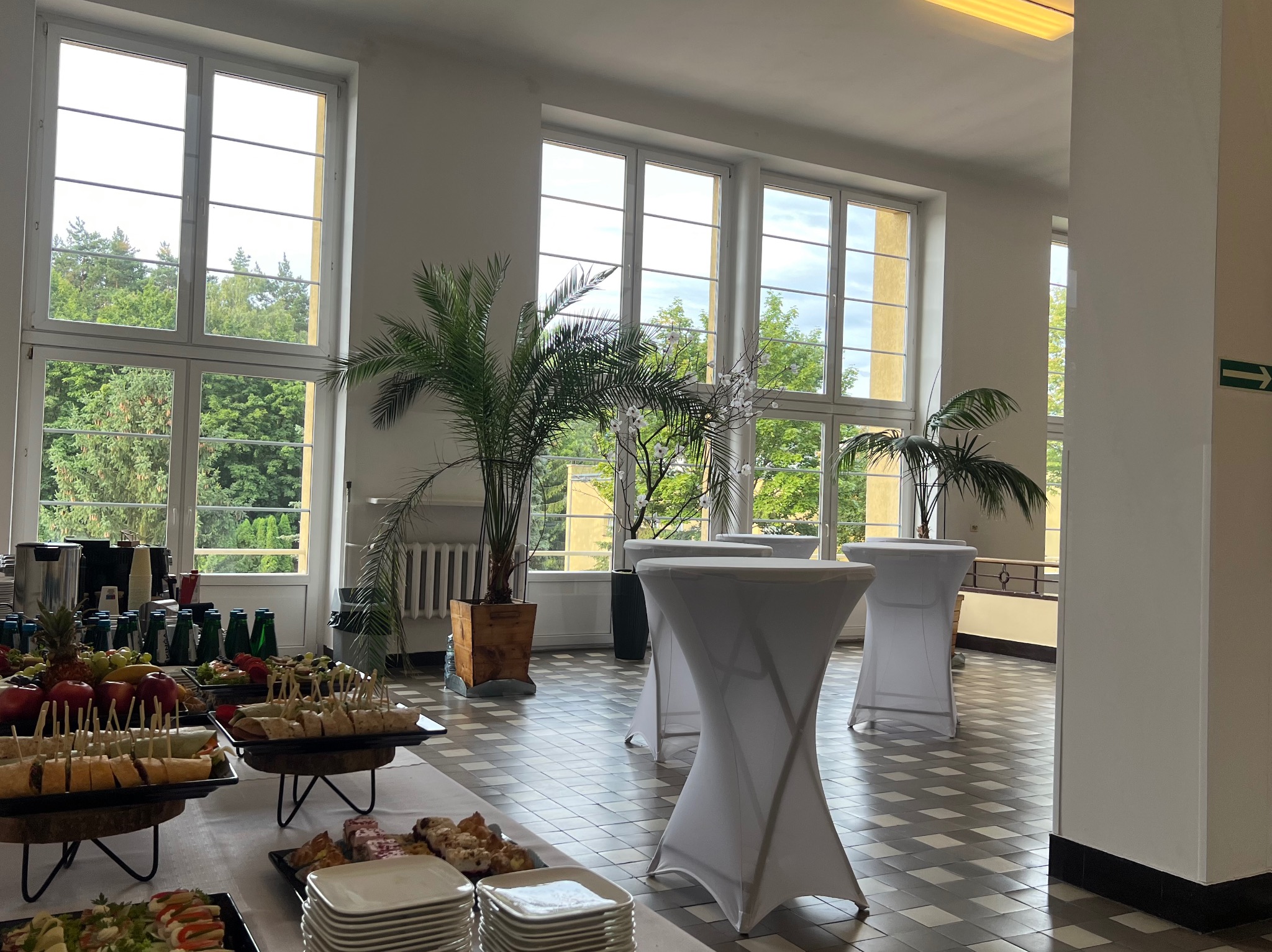 Elegancka sala bankietowa z cateringiem: stoły z przekąskami, napoje, dekoracje roślinne, wysokie okna z widokiem na zieleń. Przygotowania do eventu.