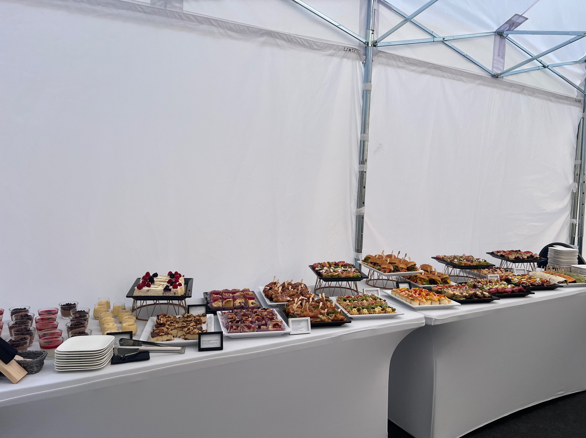 Stół cateringowy w Warszawie pod namiotem, zastawiony różnorodnymi przekąskami i deserami na białych naczyniach. Widoczne kanapeczki, sałatki i słodkości.