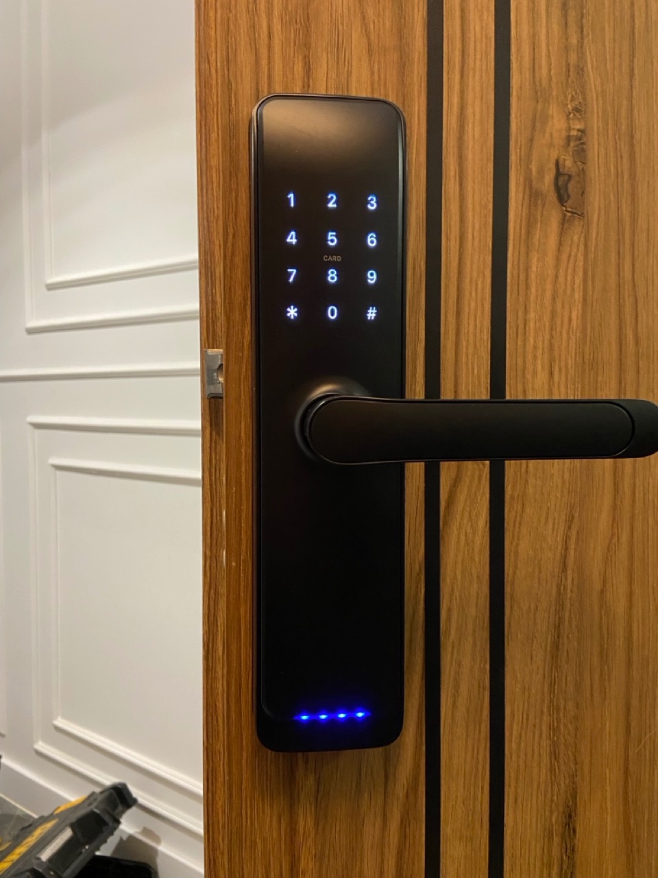 Elegancki, czarny wideodomofon z klawiaturą numeryczną i czytnikiem kart zamontowany na drewnianych drzwiach w Aleksandrowie Łódzkim, podświetlony niebieskimi diodami.