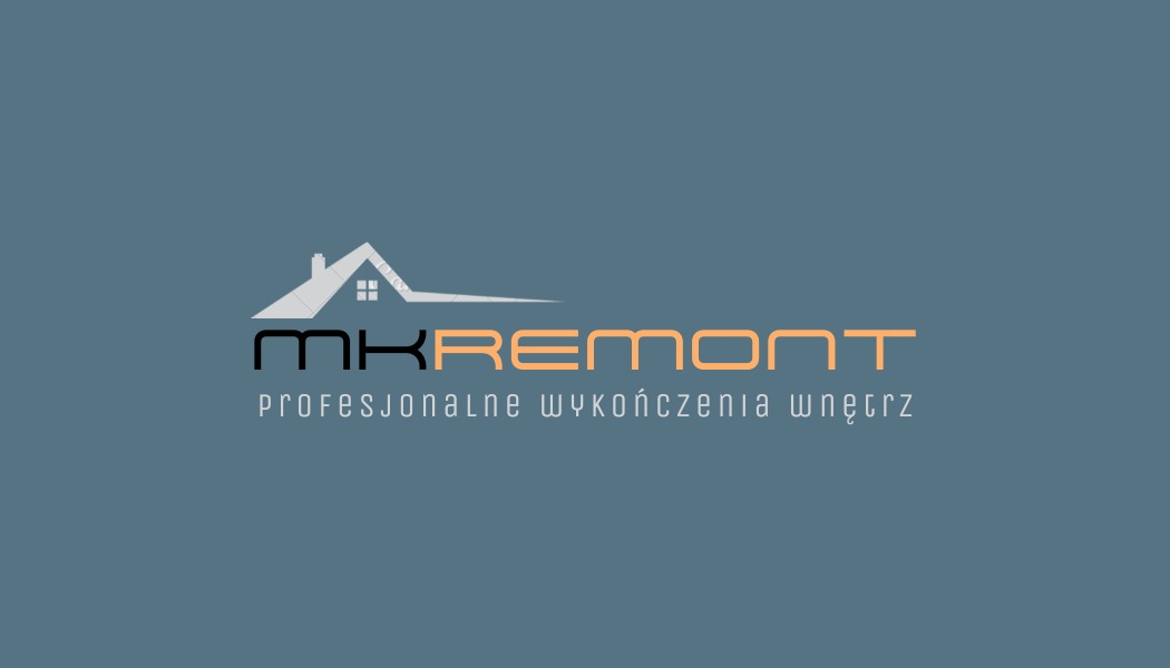 Logo firmy MKremont z ikoną domu i tekstem 'Profesjonalne wykończenia wnętrz' na szarym tle.