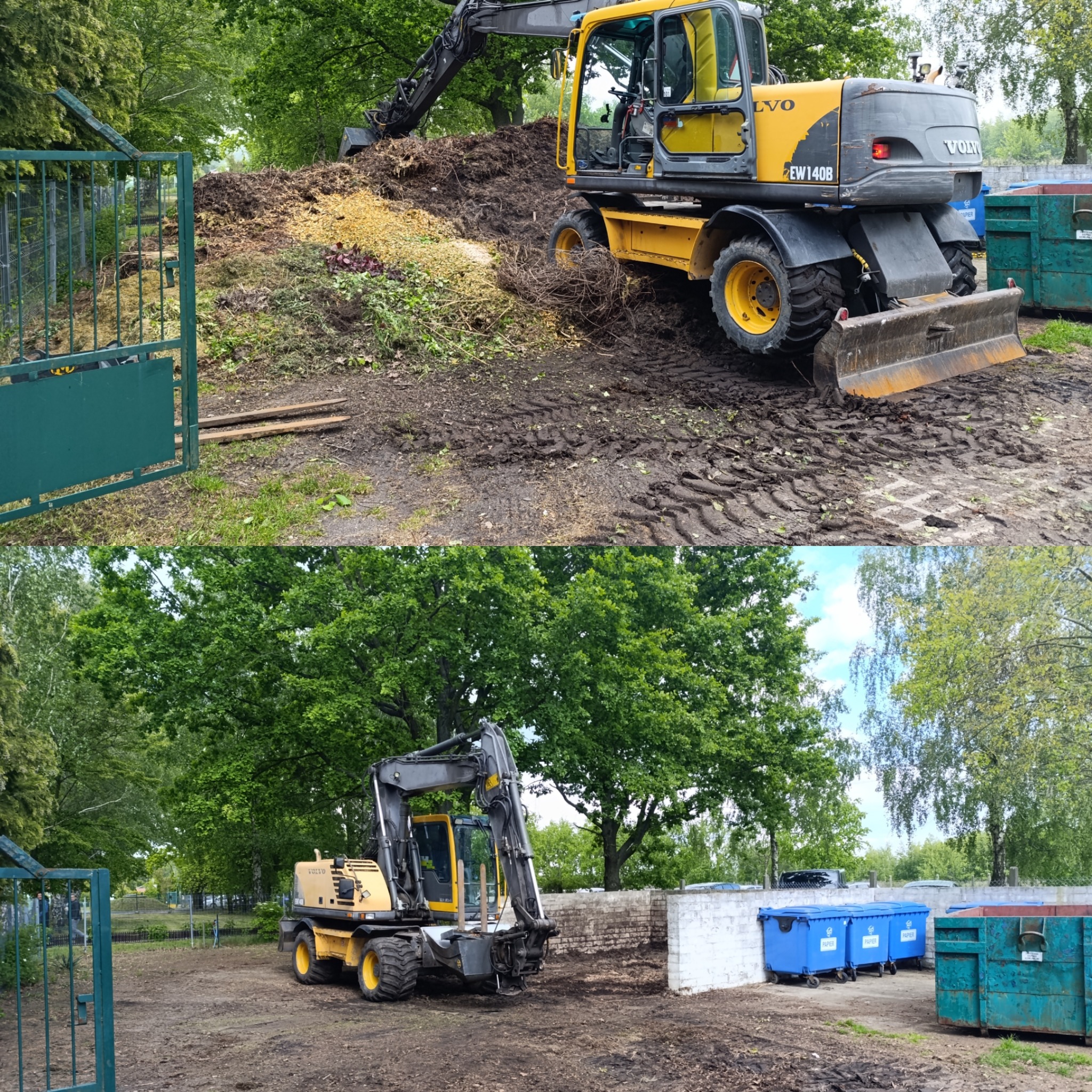 Żółta koparka Volvo EW140B na błotnistym terenie, z otwartą zieloną bramą w tle. Część urobku i kontenerów widoczna. Działka z drzewami w tle.