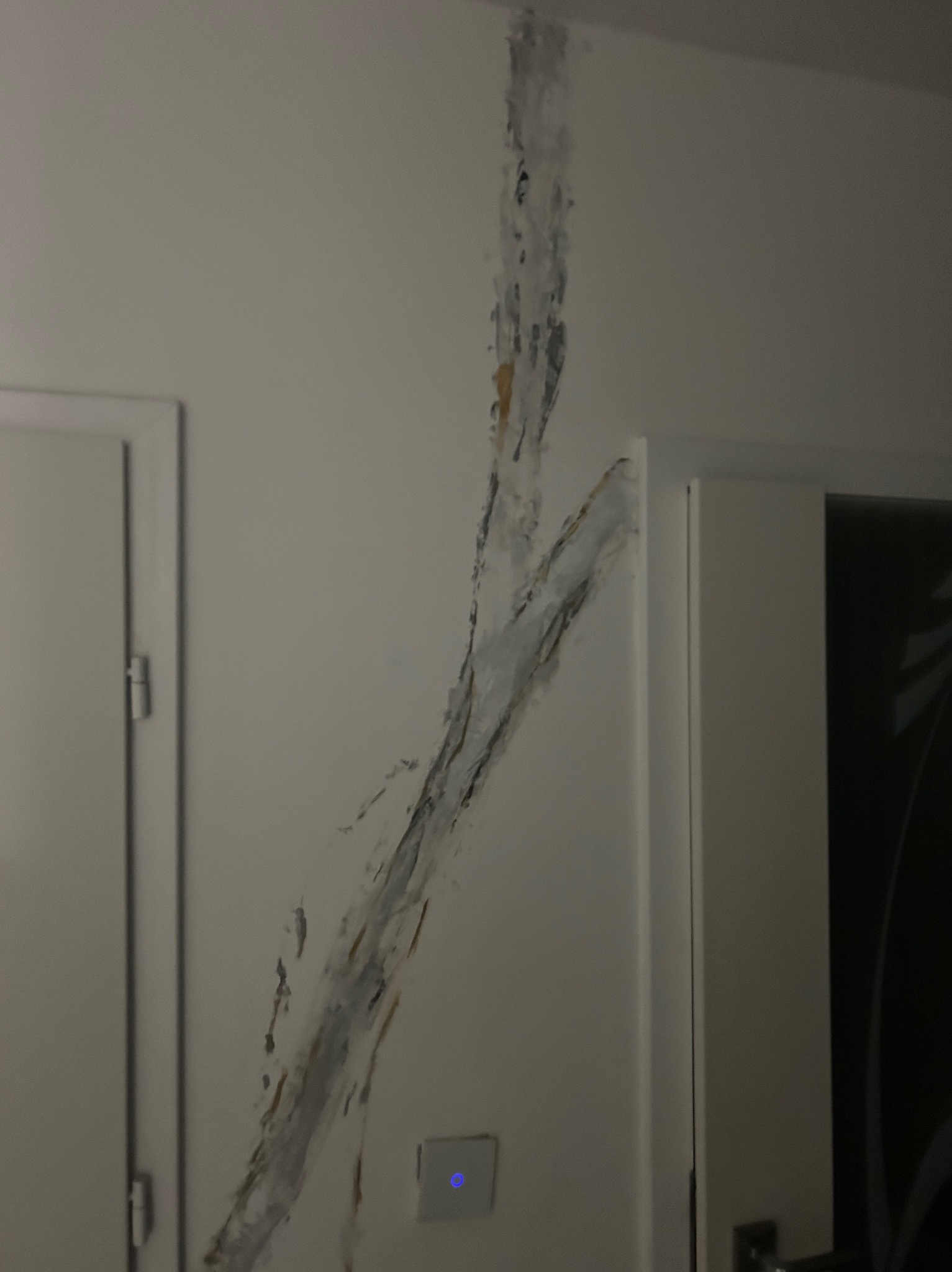 Ślady po zalaniu na ścianie, widoczne zacieki i uszkodzenia powłoki malarskiej, obok framuga drzwi.