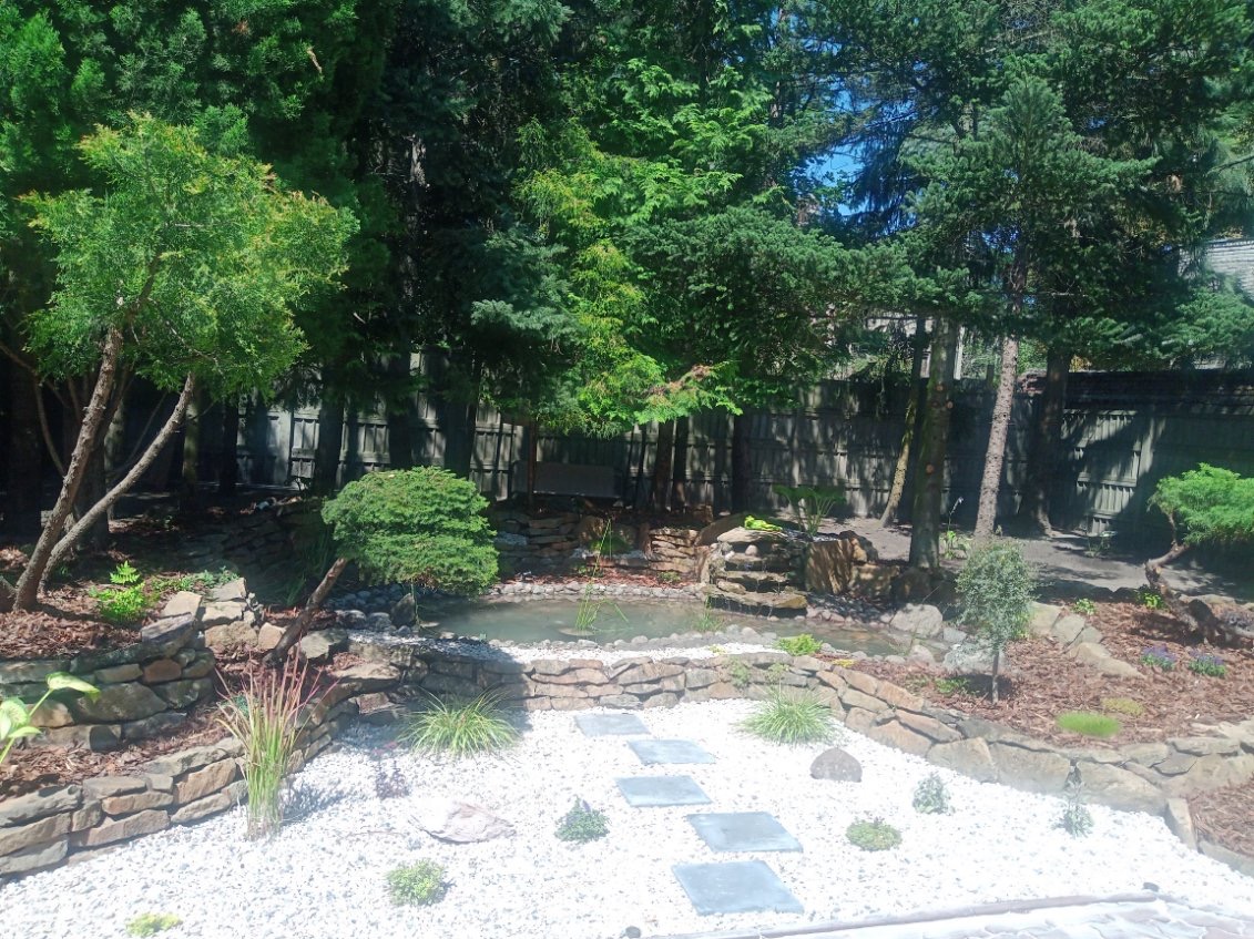 Oczko wodne z kamiennymi brzegami, ścieżka z płyt w białym żwirze, otoczone różnorodną zielenią i drzewami iglastymi, z widocznym drewnianym płotem w tle.