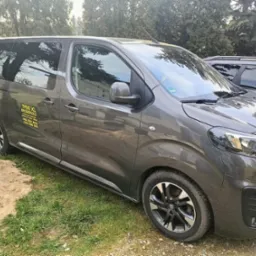 Szary bus z napisem 'TAXI XL BYDGOSZCZ' na boku, stojący na trawniku obok piaszczystej powierzchni, z widocznymi drzewami w tle.