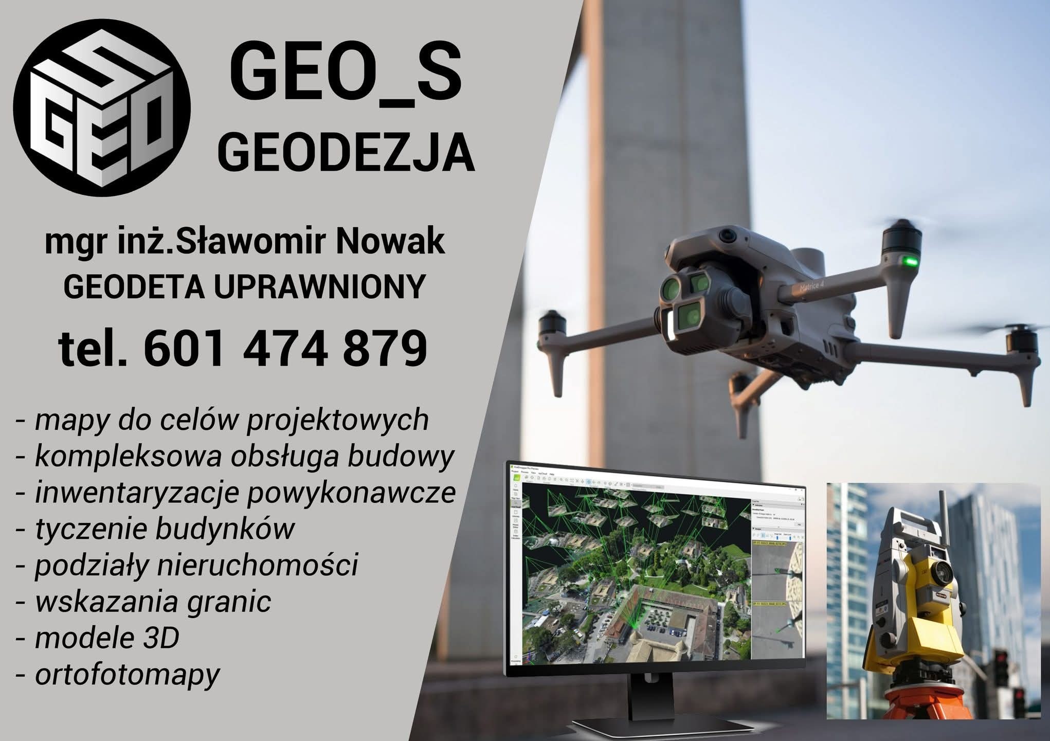 Prezentacja usług geodezyjnych: dron, monitor z mapą 3D, teodolit. Logo GEO_S, dane kontaktowe mgr inż. Sławomira Nowaka i zakres usług.
