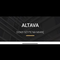Grafika z nazwą firmy ALTAVA i hasłem 'Domy szyte na miarę' na tle abstrakcyjnej, ciemnej grafiki architektonicznej.