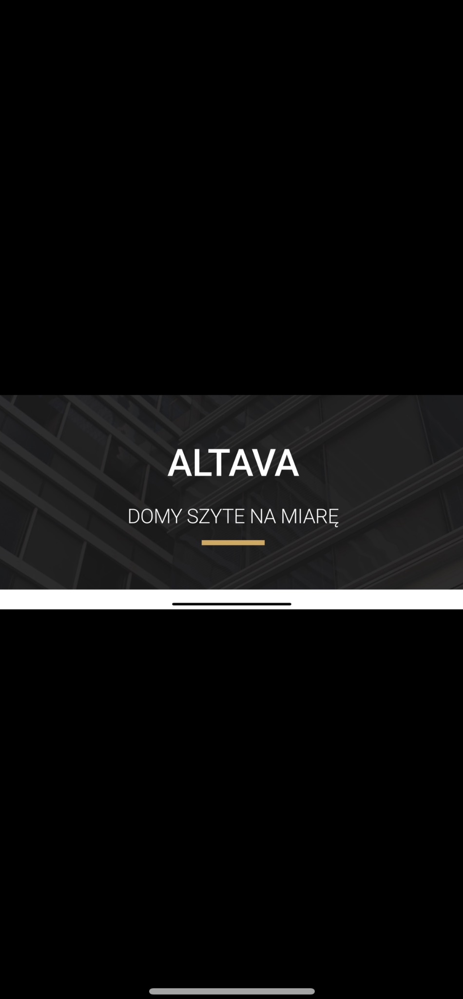 Grafika z nazwą firmy ALTAVA i hasłem 'Domy szyte na miarę' na tle abstrakcyjnej, ciemnej grafiki architektonicznej.