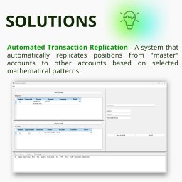 Interchainly - Okno programu MultiTerminalPro prezentujące automatyczną replikację transakcji z konta master na konta slave, z widocznymi kolumnami Server, Account, Comment i Profit.