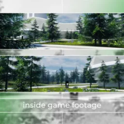 Dwa ujęcia z wirtualnego świata gry komputerowej przedstawiające krajobraz z drzewami iglastymi i architekturą w tle, otoczone rozmytym tłem z zielonymi i szarymi tonami.