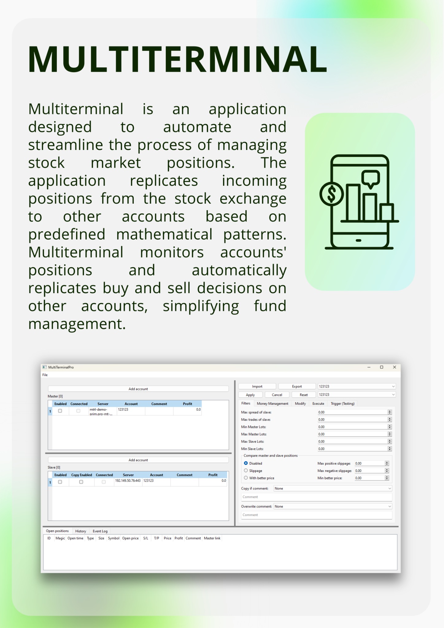 Zrzut ekranu aplikacji Multiterminal do zarządzania pozycjami na giełdzie, z widocznymi ustawieniami kont master i slave, filtrami, opcjami zarządzania ryzykiem i logami zdarzeń.