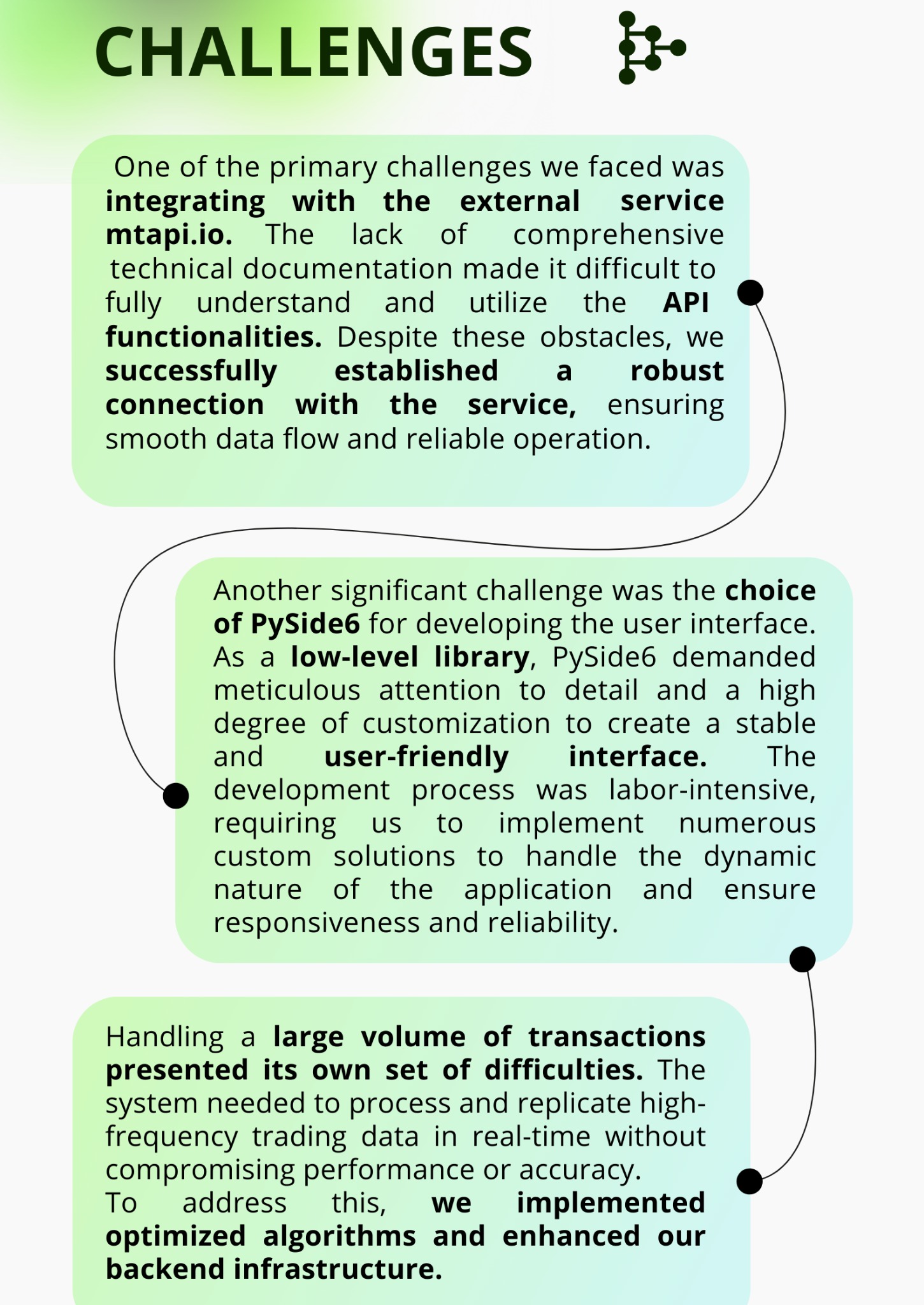 Infografika przedstawiająca wyzwania związane z integracją zewnętrznego serwisu, wyborem biblioteki PySide6 do interfejsu użytkownika oraz obsługą dużej ilości transakcji, z podkreśleniem braku...