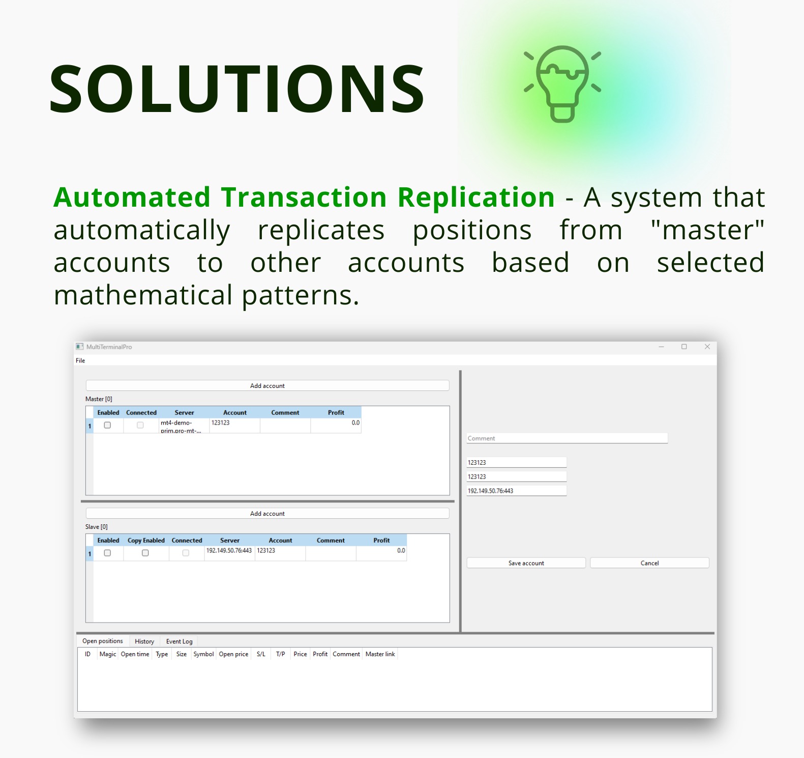 Okno programu MultiTerminalPro prezentujące automatyczną replikację transakcji z konta master na konta slave, z widocznymi kolumnami Server, Account, Comment i Profit.