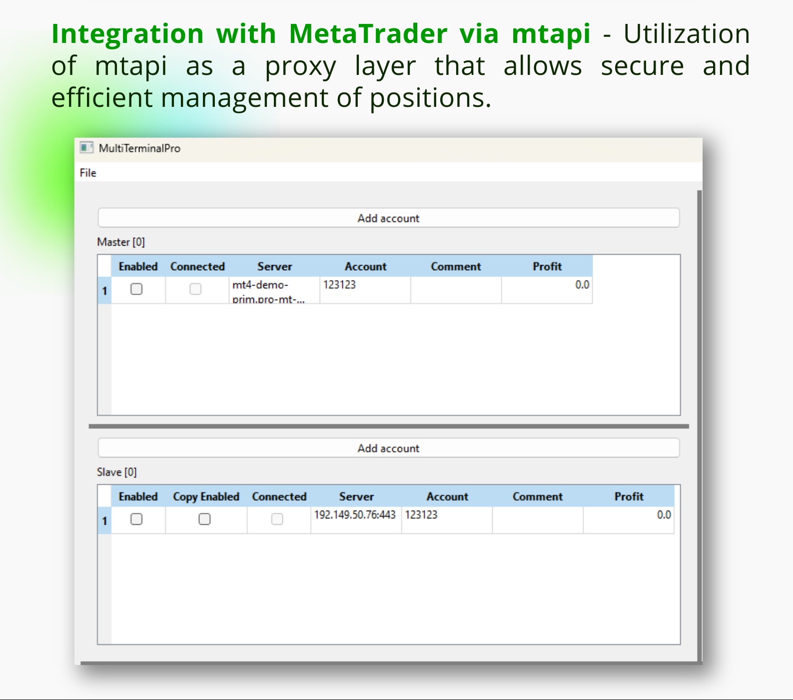 Screenshot of MultiTerminalPro software interface showing master and slave account management for MetaTrader integration, highlighting server addresses and account details.