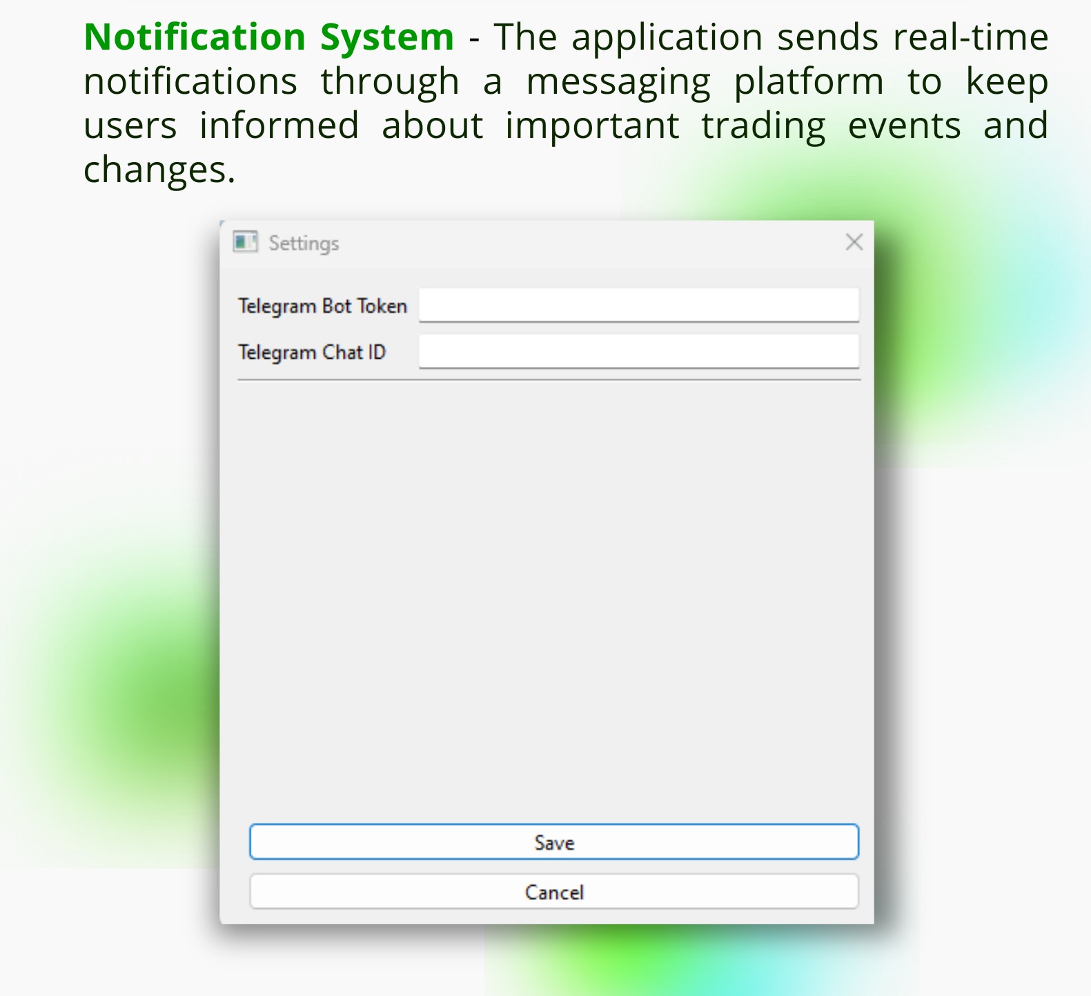 Okno ustawień aplikacji z polami do konfiguracji Telegram Bot Token i Telegram Chat ID, przyciski Save i Cancel.