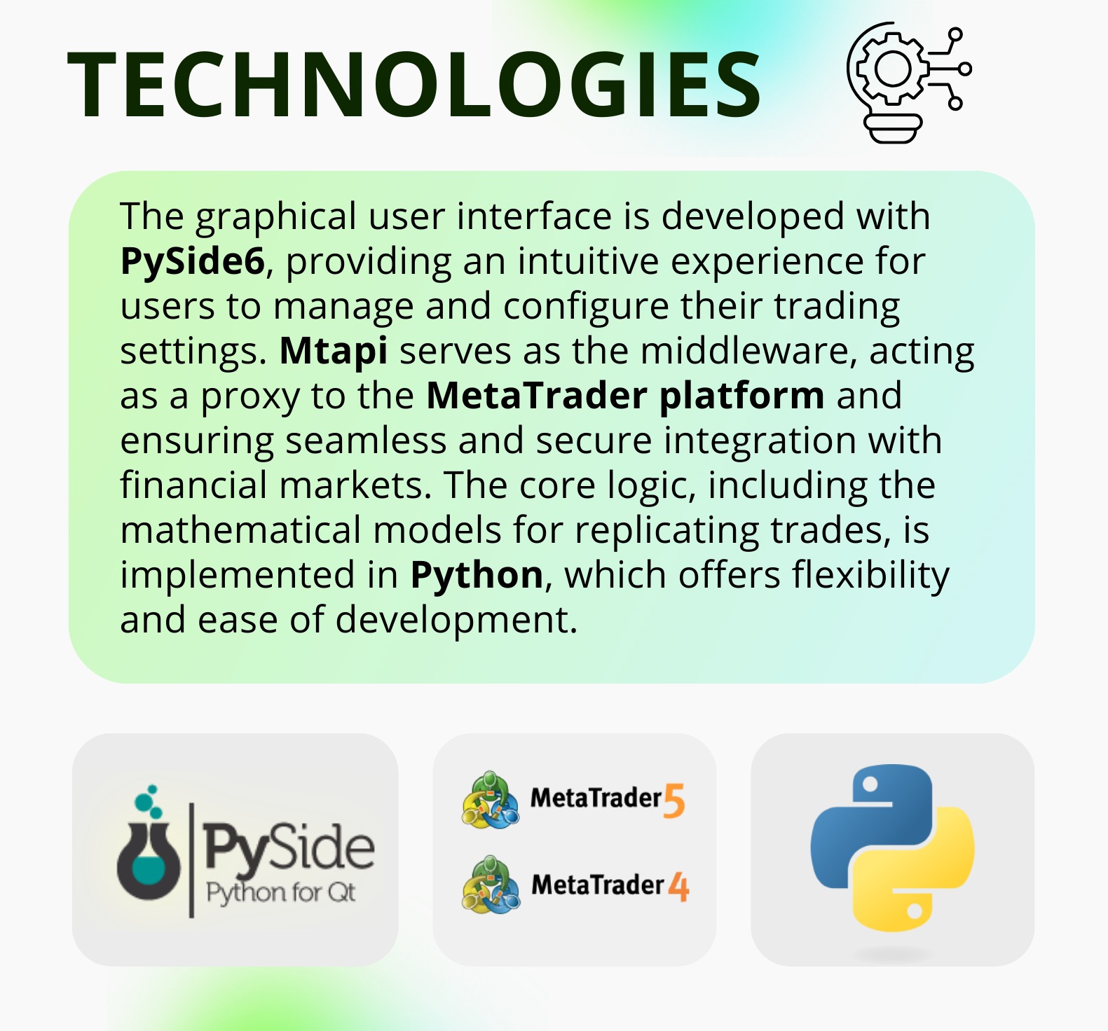 Infografika przedstawiająca technologie używane do tworzenia interfejsu użytkownika dla platformy tradingowej, w tym PySide6, Mtapi, MetaTrader 4 i 5 oraz język Python.