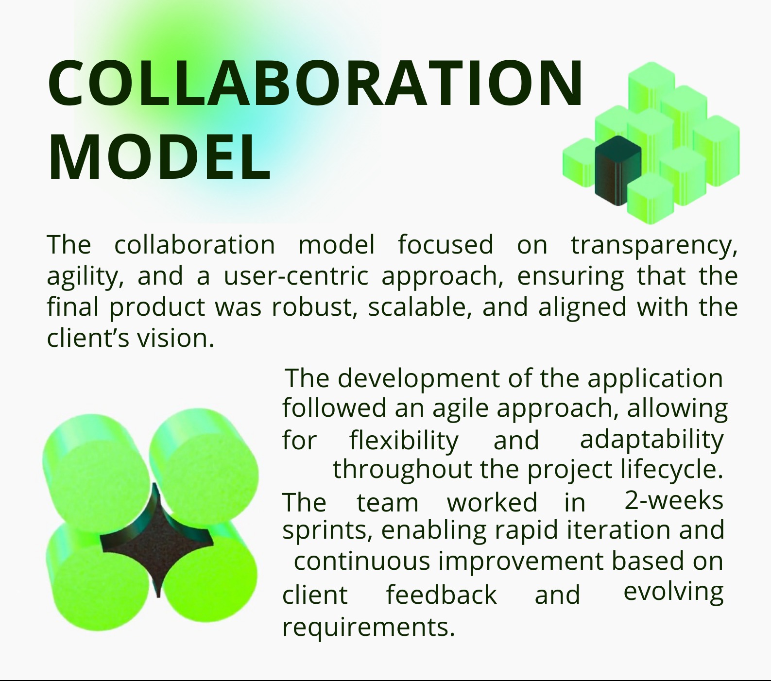Diagram ilustrujący model współpracy w projekcie IT, z naciskiem na transparentność, elastyczność i podejście zorientowane na użytkownika, podkreślający iteracyjny proces rozwoju aplikacji...