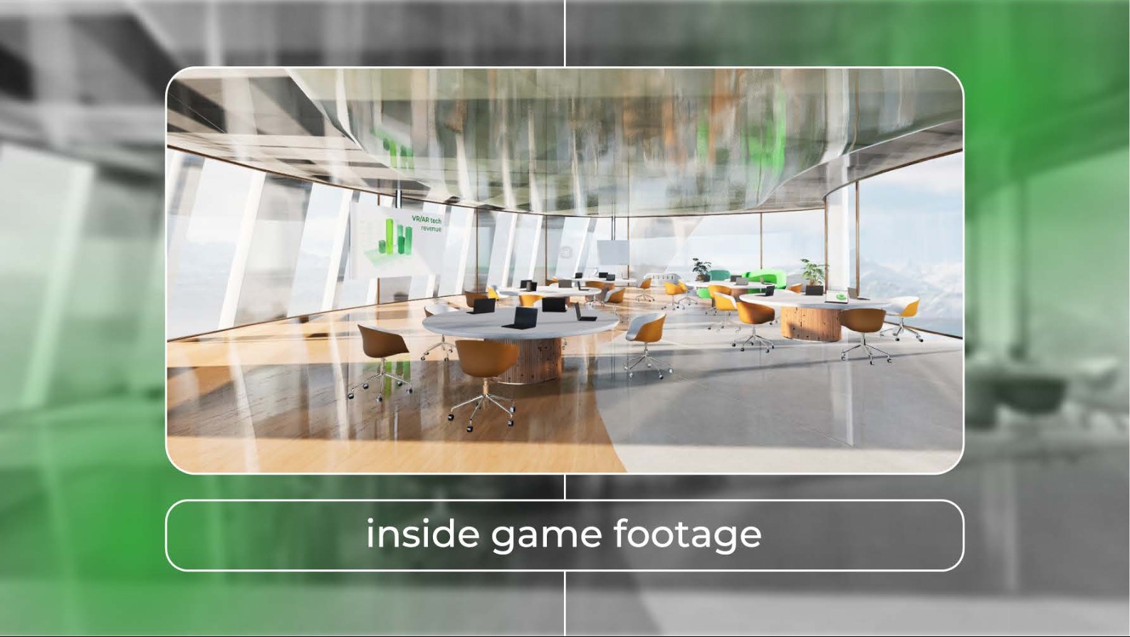 Wizualizacja nowoczesnego biura open space z okrągłymi stołami, krzesłami w odcieniach żółci i szarości, laptopami na stołach i widokiem na góry za oknem.