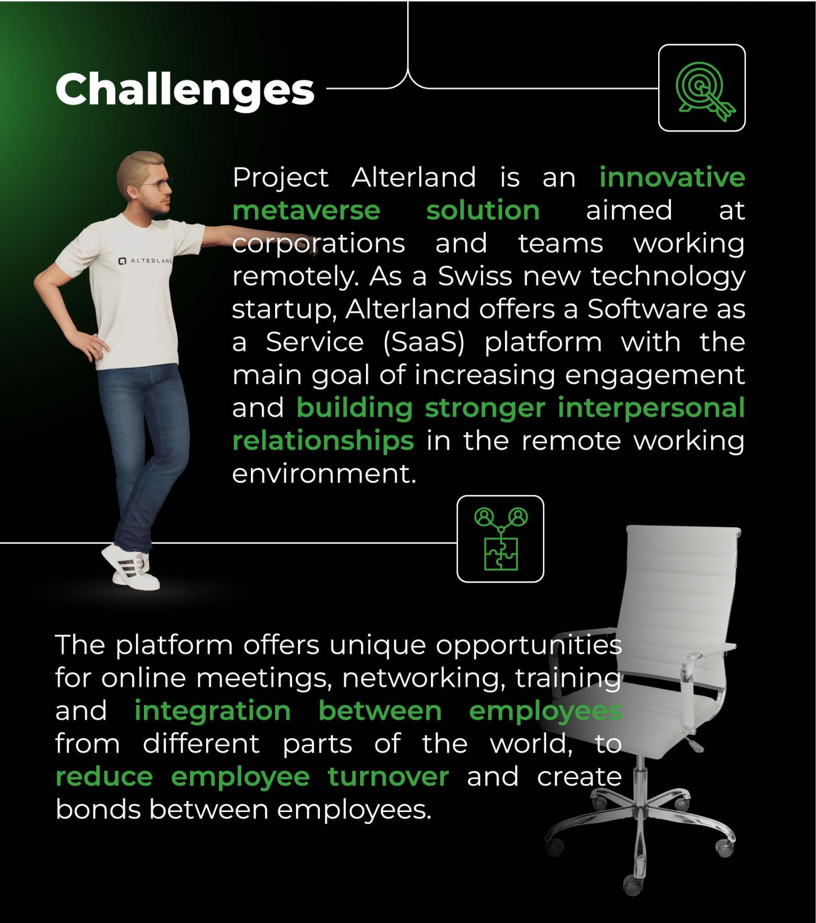 Grafika reklamowa platformy metaverse Alterland, prezentująca awatara użytkownika w koszulce z logo, obok tekstu opisującego korzyści z integracji zespołów zdalnych i białego krzesła biurowego.