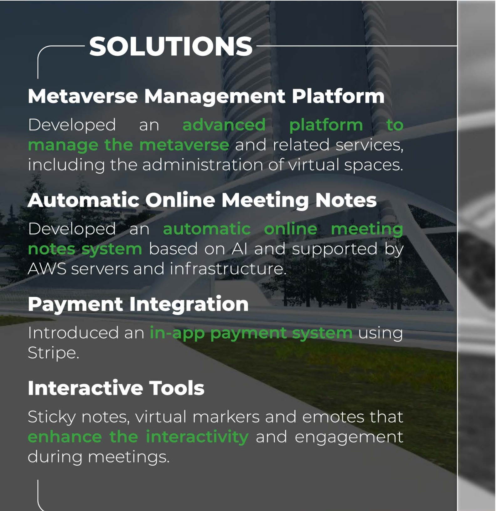 Informacje o platformie do zarządzania metaverse, automatycznych notatkach ze spotkań online, integracji płatności i interaktywnych narzędziach.