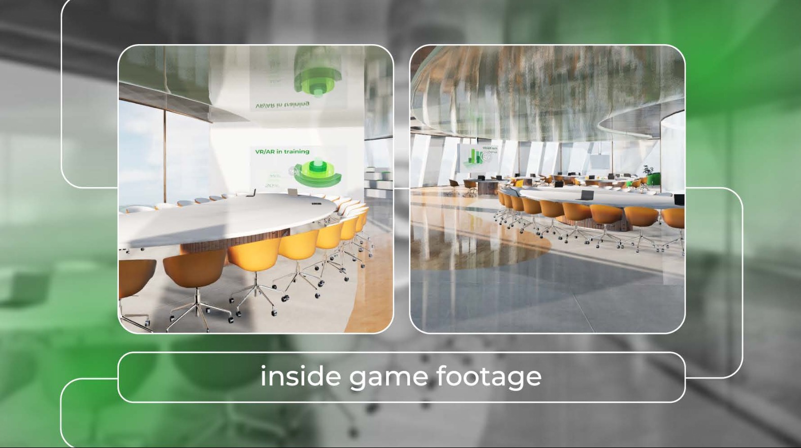 Wnętrze wirtualnego biura z okrągłym stołem konferencyjnym i krzesłami w kolorze musztardowym, prezentacja VR/AR na ścianie, widok z perspektywy gry.