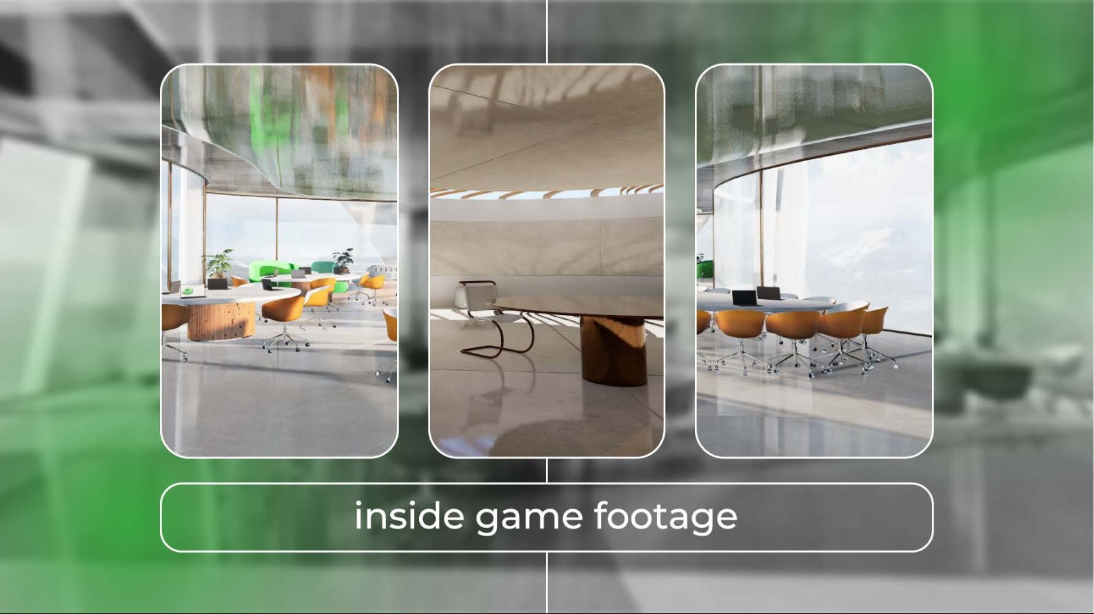 Wizualizacja wnętrza biurowego z panoramicznymi oknami, okrągłymi stołami i ergonomicznymi krzesłami, prezentowana w trzech kadrach z efektem głębi ostrości.