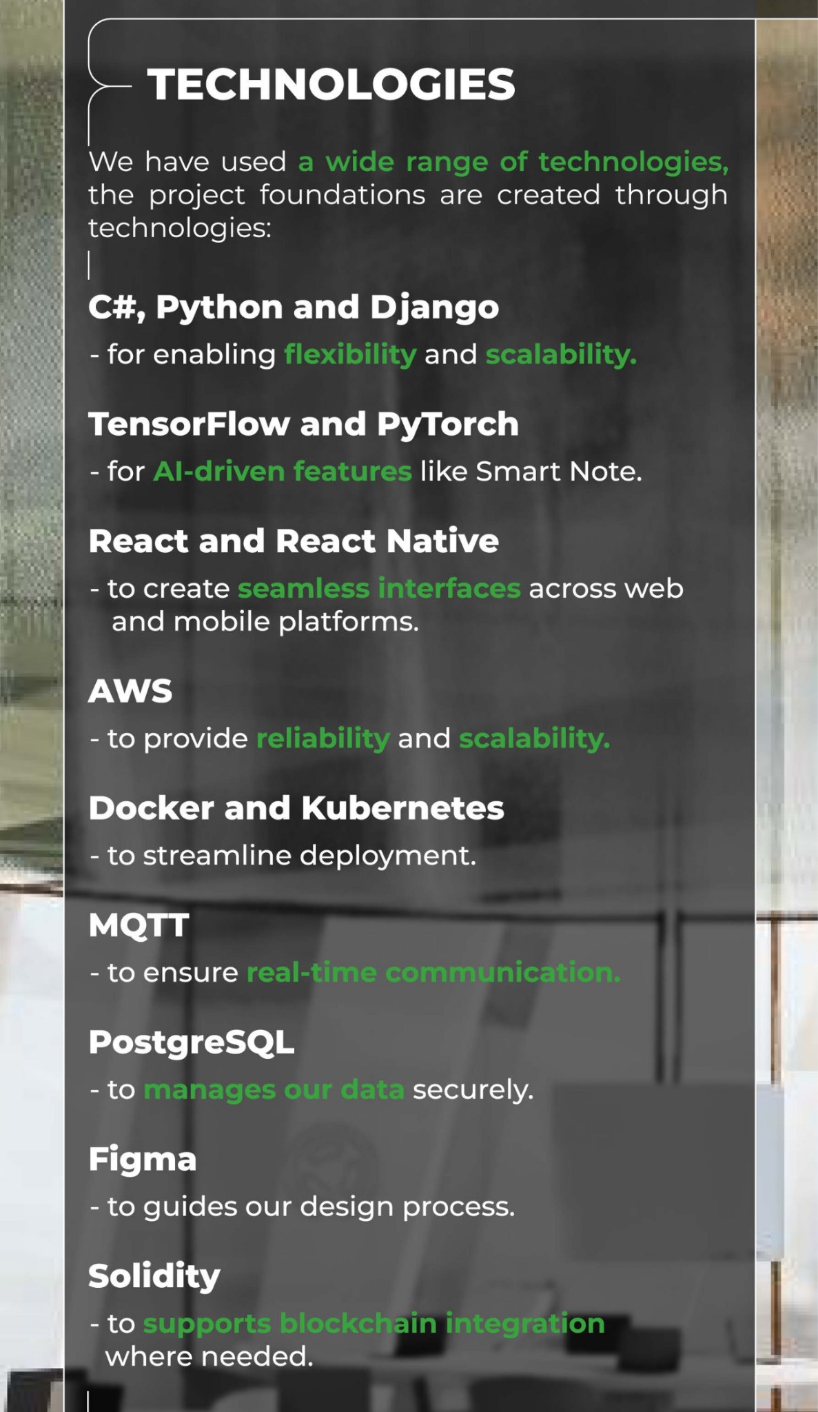 Lista technologii używanych w projektach: C#, Python, Django, TensorFlow, PyTorch, React, React Native, AWS, Docker, Kubernetes, MQTT, PostgreSQL, Figma, Solidity.