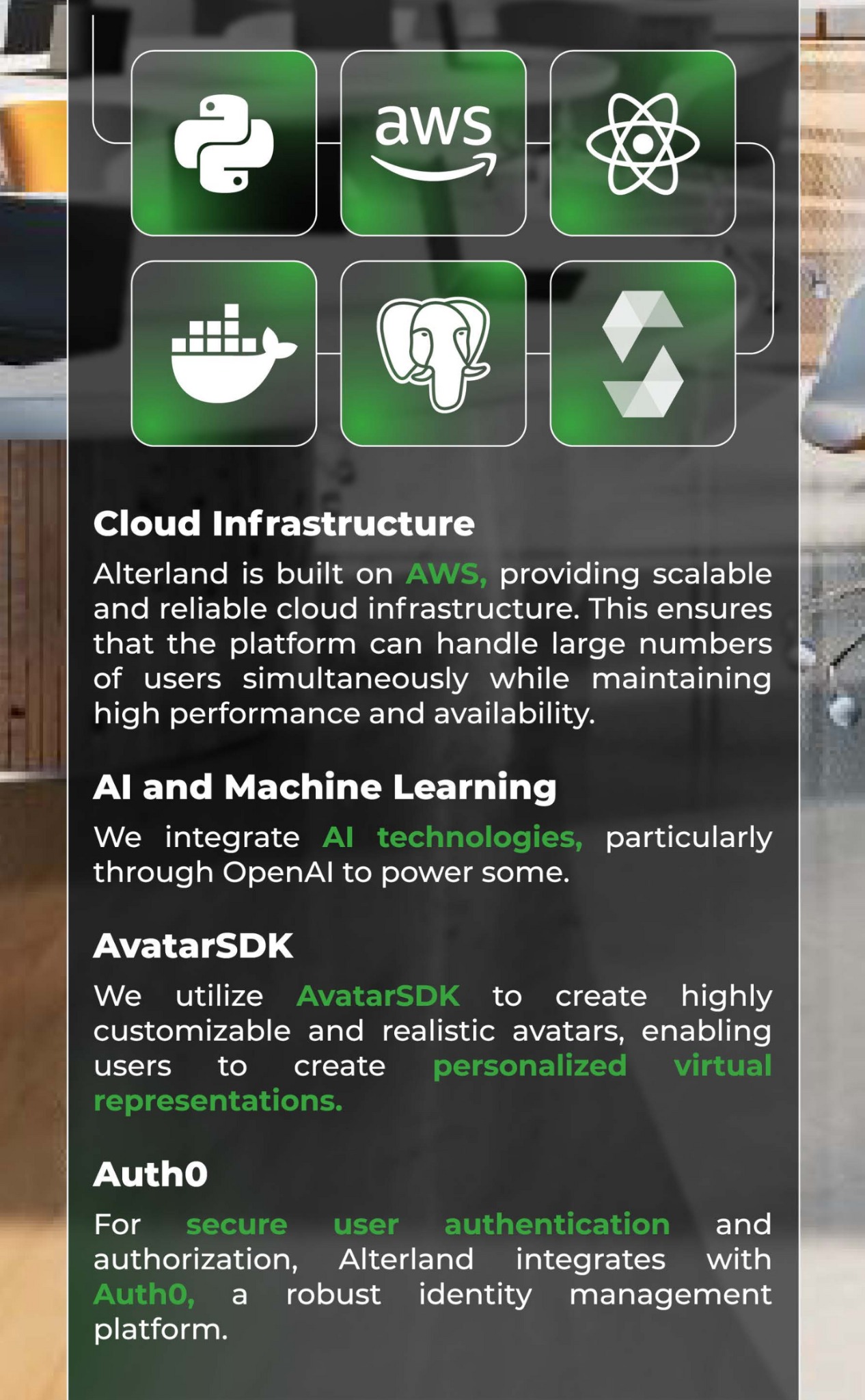 Ilustracja przedstawiająca ikony technologii chmurowych i programistycznych, w tym Python, AWS, React, Docker, ElephantSQL i Strapi, z opisami dotyczącymi infrastruktury chmurowej, AI, uczenia...