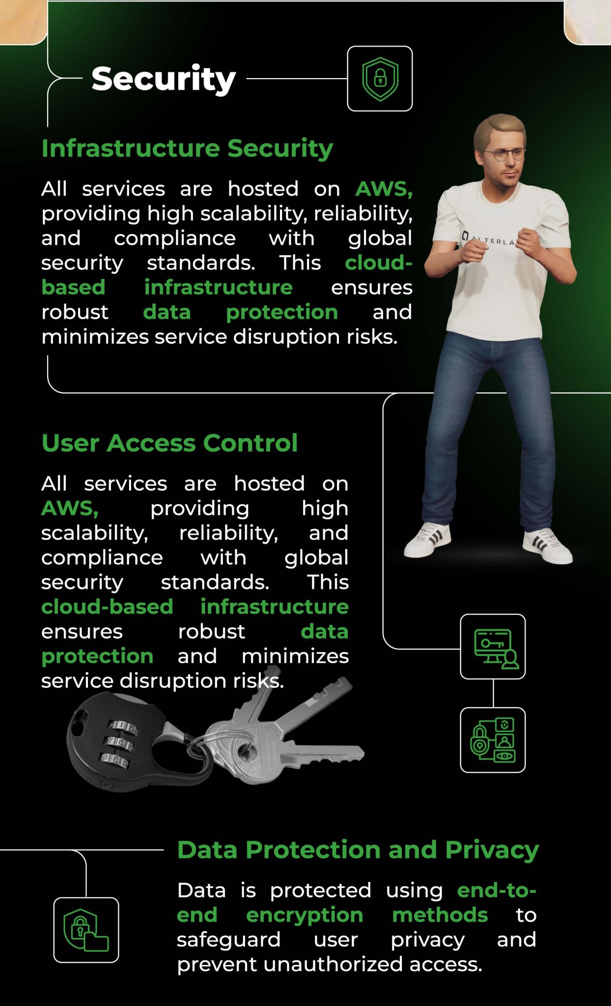 Diagram ilustrujący bezpieczeństwo infrastruktury IT, kontrolę dostępu użytkowników i ochronę danych, z wizualizacją chmury, kłódki, kluczy i postaci prezentującej rozwiązania.