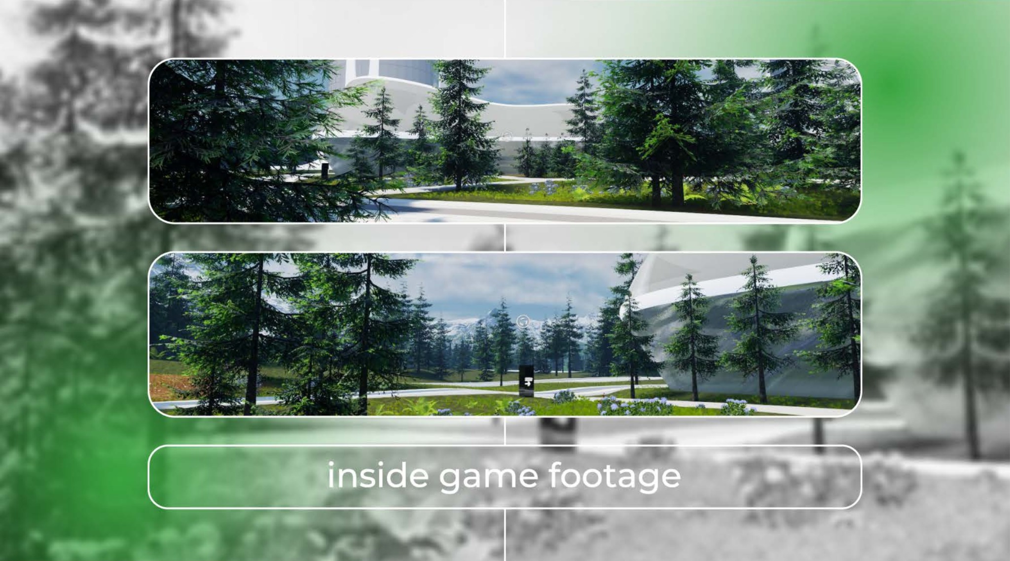 Dwa ujęcia z wirtualnego świata gry komputerowej przedstawiające krajobraz z drzewami iglastymi i architekturą w tle, otoczone rozmytym tłem z zielonymi i szarymi tonami.