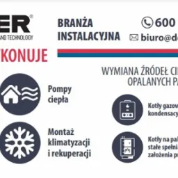 Grafika reklamowa firmy instalacyjnej Donder prezentująca zakres usług: instalacje CO i gaz, pompy ciepła, instalacje wod-kan, montaż klimatyzacji i rekuperacji, kotły gazowe kondensacyjne, kotły...
