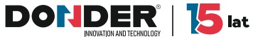 Logo firmy DONDER z hasłem INNOVATION AND TECHNOLOGY oraz informacją o 15-leciu działalności, w kolorach czarnym, czerwonym i niebieskim.