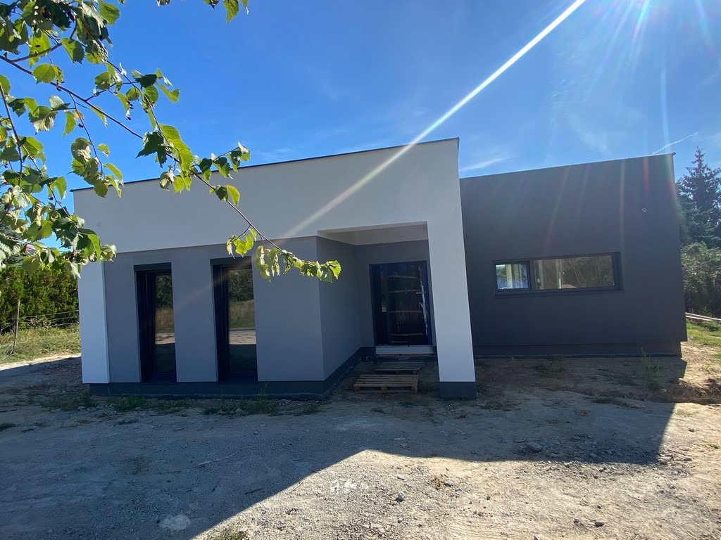 Nowoczesny dom murowany z płaskim dachem, pomalowany na szaro i biało, z widocznymi oknami i drzwiami, otoczony niezagospodarowanym terenem i zielenią.