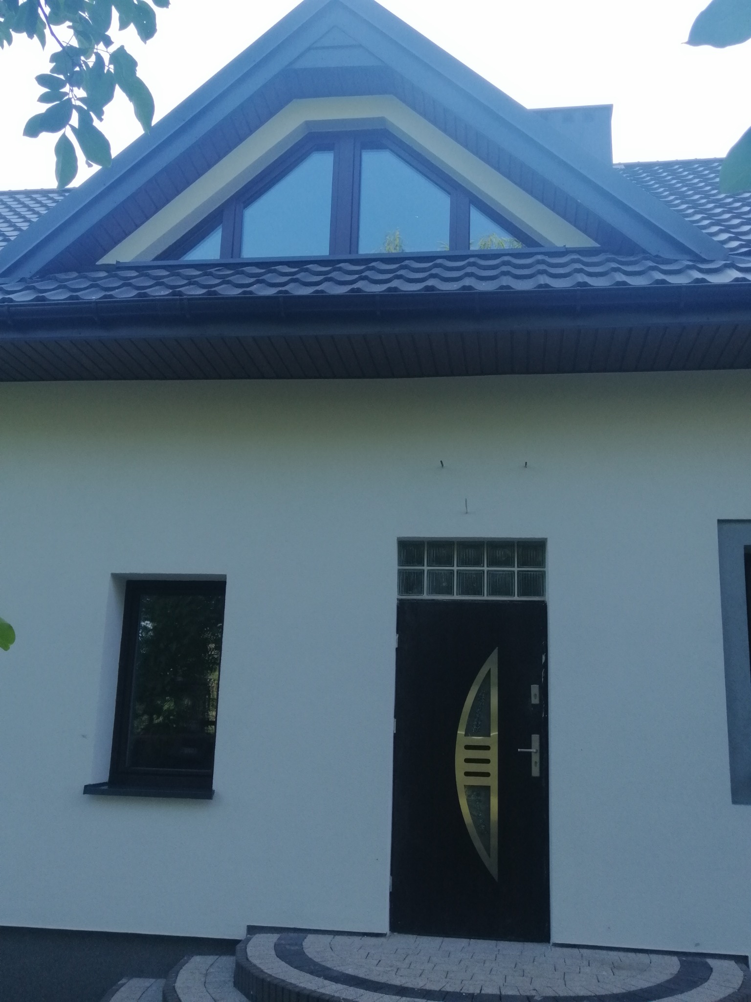Biała elewacja domu jednorodzinnego z ciemną stolarką okienną i drzwiami wejściowymi z elementami szkła.