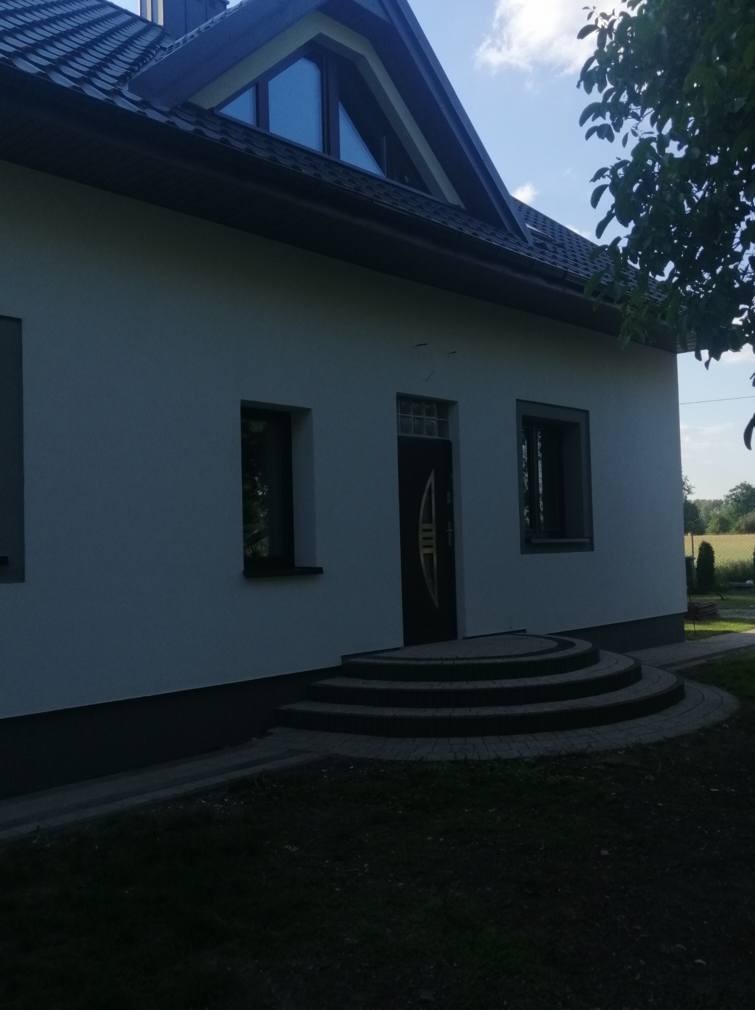 Boczny widok domu jednorodzinnego z jasną elewacją, ciemną stolarką okienną i drzwiami wejściowymi, trójkątne okno na poddaszu, schody wejściowe wyłożone kostką, drzewo w prawym górnym rogu.