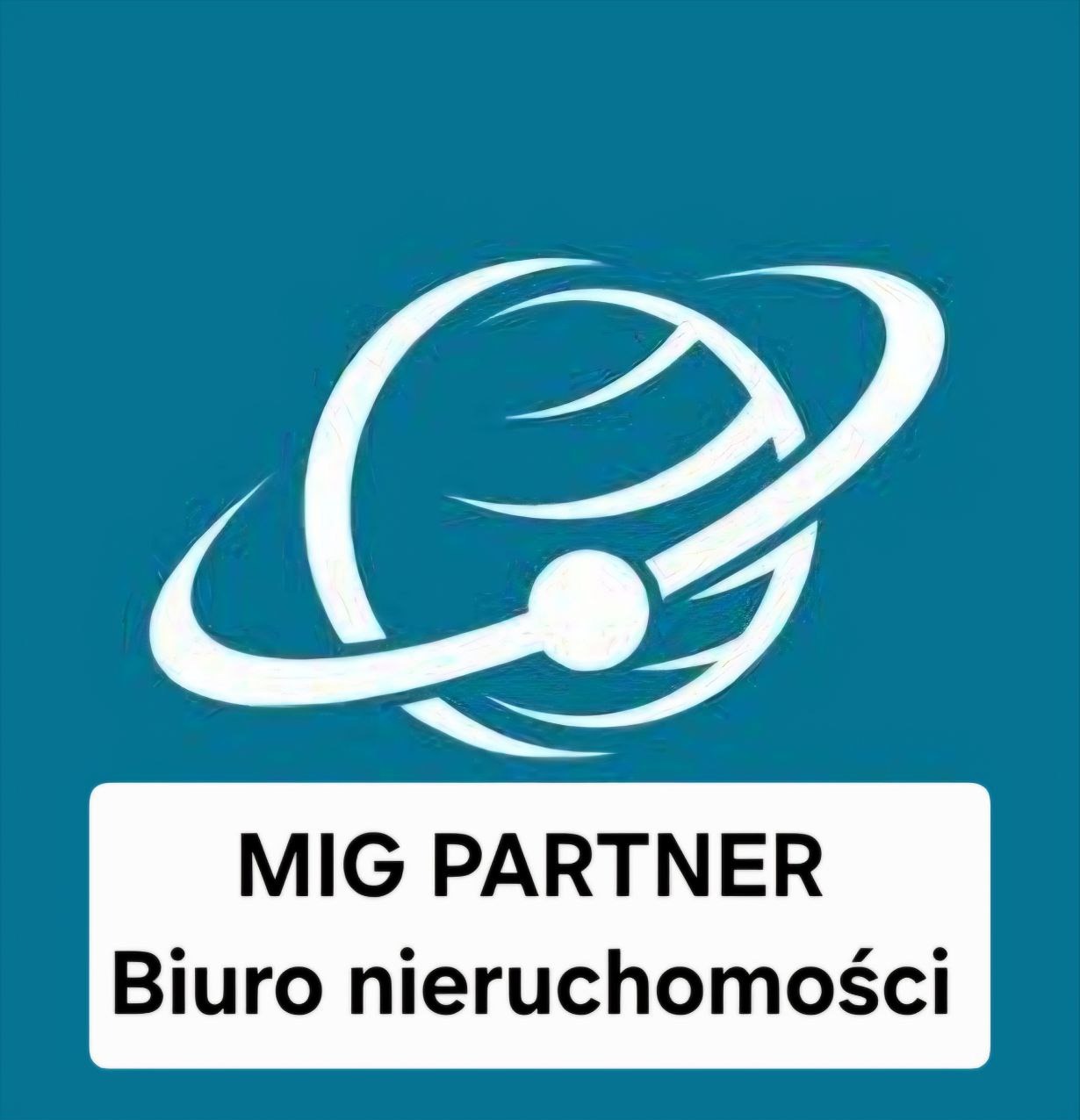 Logo firmy MIG PARTNER Biuro nieruchomości na turkusowym tle, z abstrakcyjnym symbolem przypominającym orbitę z centralną kulką.