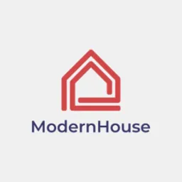 Logo firmy budowlanej: stylizowany, czerwony obrys domu z napisem 'ModernHouse' w kolorze granatowym.
