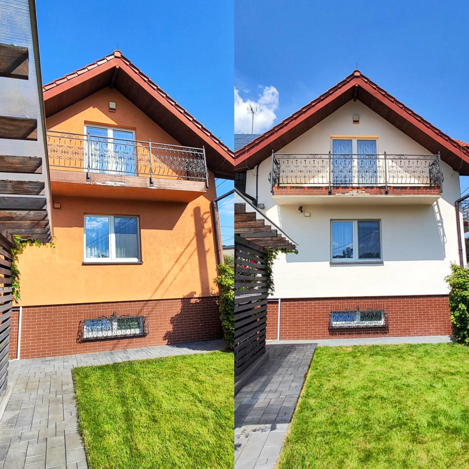 Dom jednorodzinny przed i po odnowieniu elewacji. Po lewej stronie elewacja pomarańczowa, po prawej biała. Widoczny balkon z ozdobną balustradą i zadbany trawnik.