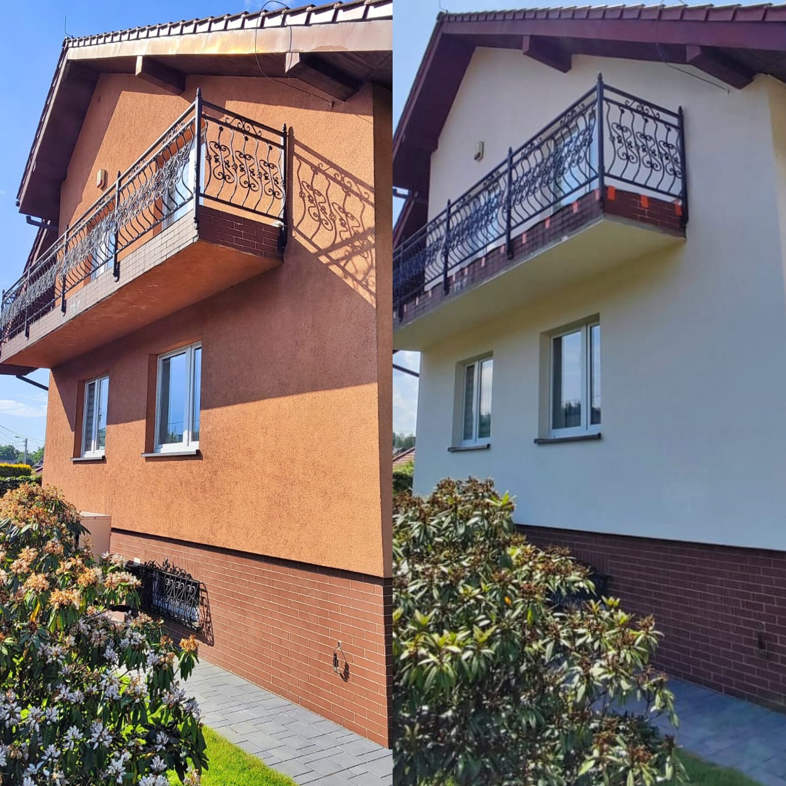 Dom jednorodzinny przed i po malowaniu elewacji, widok z boku z ozdobnym balkonem. Część elewacji w kolorze pomarańczowym, a część biała.