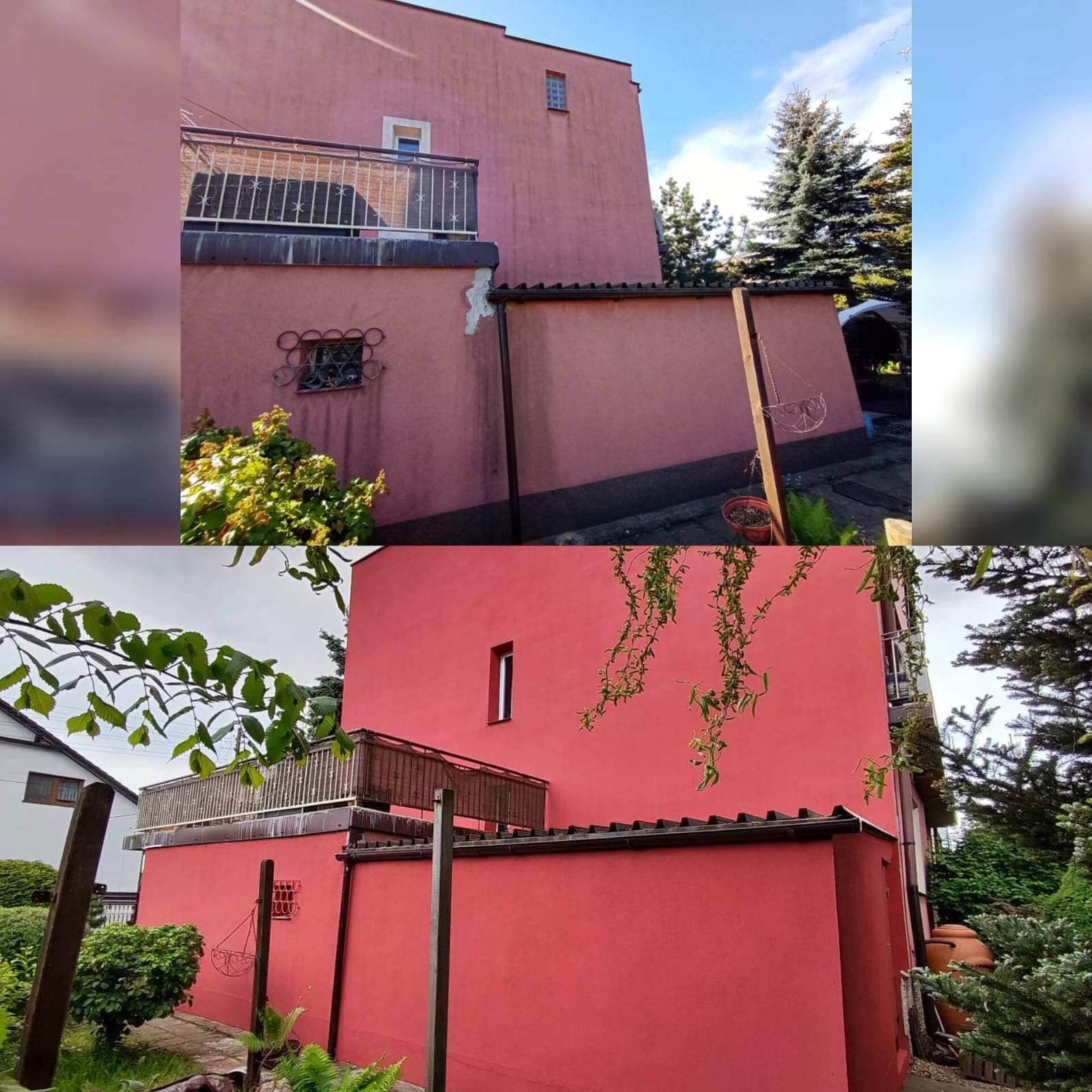 Dwuczęściowe ujęcie elewacji budynku przed i po odnowieniu, ukazujące różnice w kolorze i czystości. Widoczne detale architektoniczne.