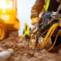 Pracownik w żółtych rękawicach łączy światłowody za pomocą specjalistycznego sprzętu. W tle widoczna koparka i inny pracownik w odblaskowej kamizelce na placu budowy.