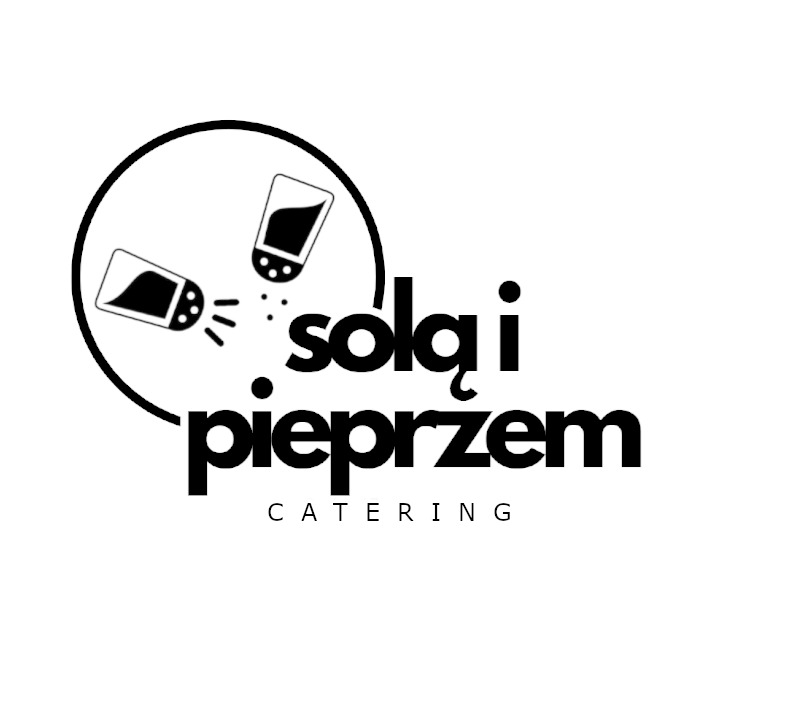 Logo firmy cateringowej 'Solą i Pieprzem' z rysunkami solniczki i pieprzniczki w okręgu.