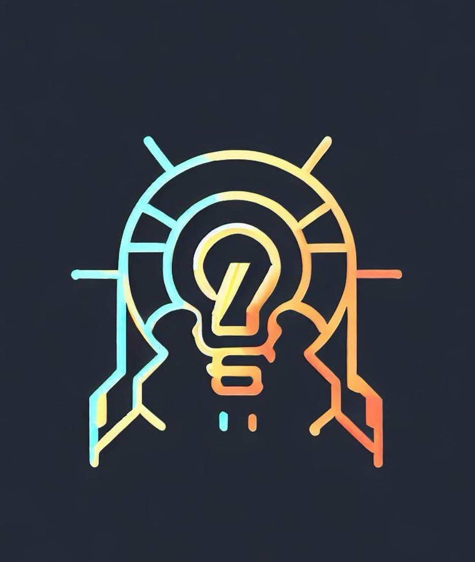 Stylizowana ikona żarówki z elementami obwodu elektrycznego, gradient kolorów od błękitu do pomarańczu na ciemnym tle. Symbolizuje innowacje i energię.