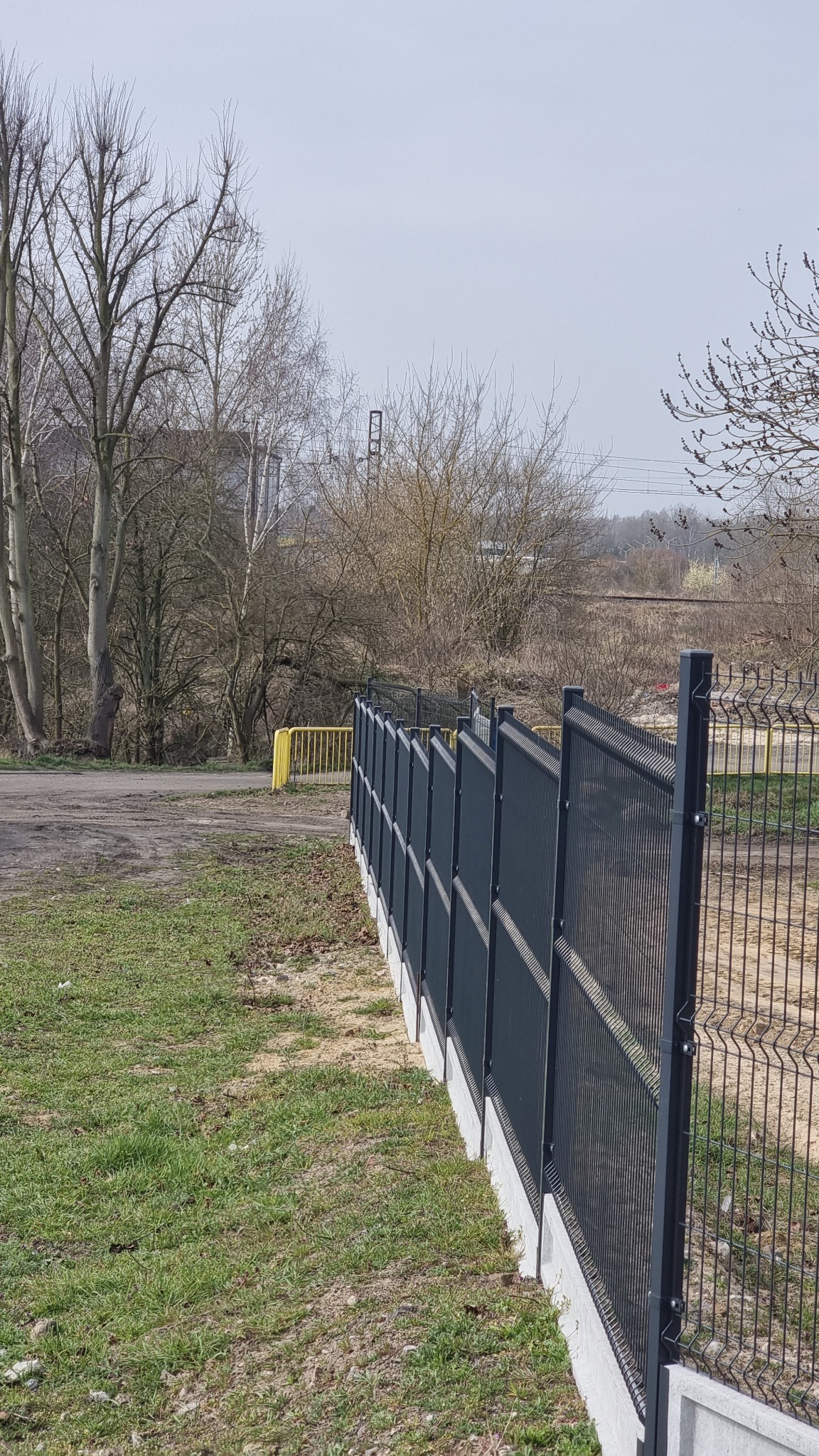 Nowoczesne ogrodzenie panelowe w kolorze grafitowym, zamontowane na betonowej podmurówce. Widok z boku, z perspektywą zbiegającą się w oddali. Trawa i drzewa w tle.