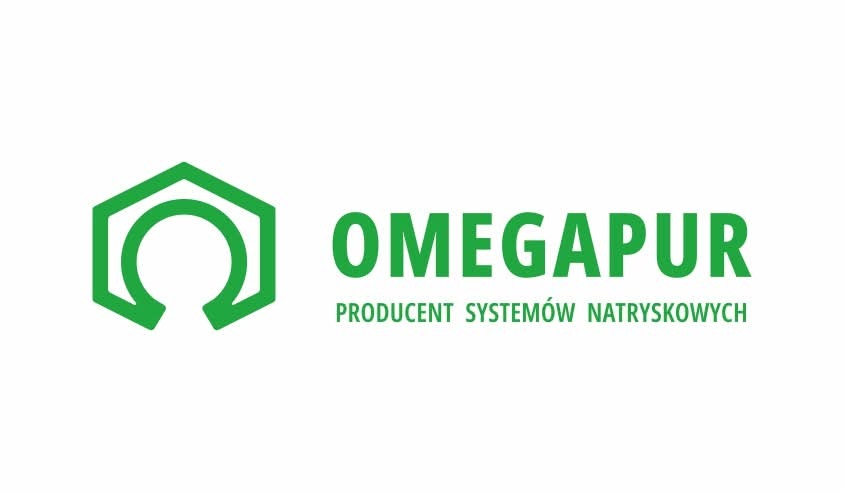 Zielone logo firmy Omegapur, producenta systemów natryskowych, na białym tle. Geometryczny symbol i nazwa firmy w kolorze zielonym.