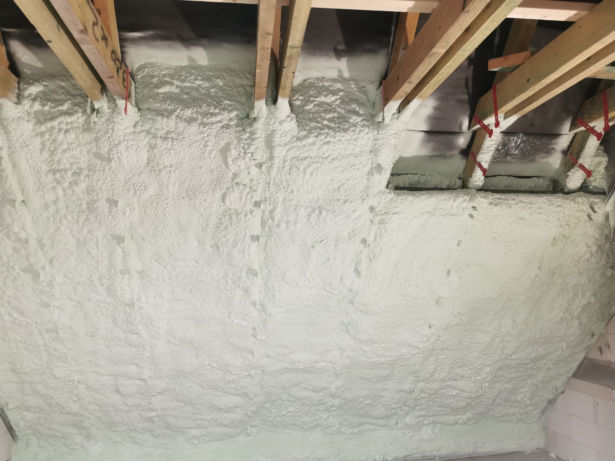 Poddasze z drewnianą konstrukcją i szczelną, jasną izolacją natryskową. Widoczne czerwone elementy mocujące. Detal wykończonej izolacji.