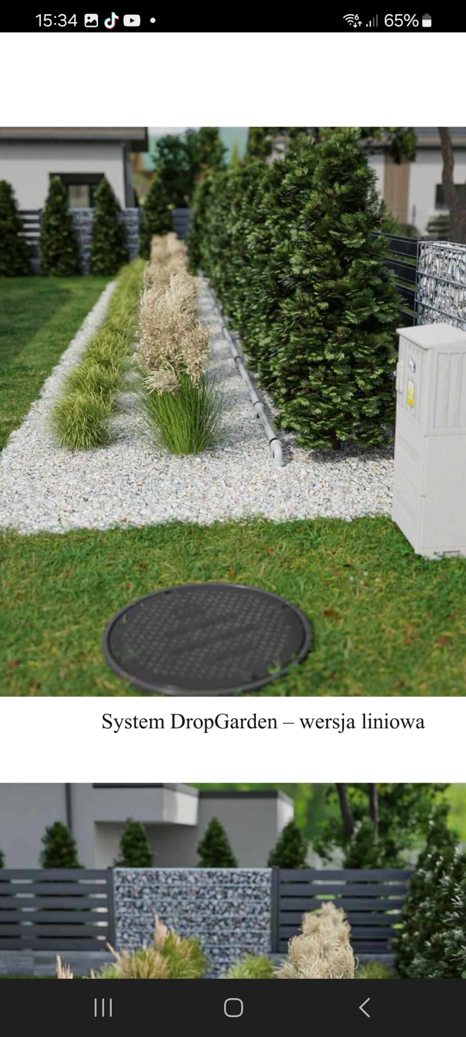 Linia nawadniająca w ogrodzie z ozdobnymi trawami i kamieniami, widoczna skrzynka elektryczna i studzienka rewizyjna.